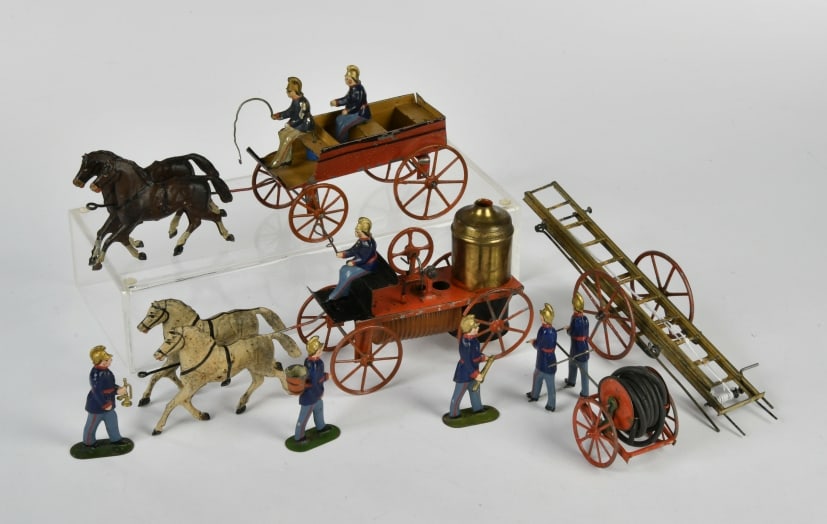 Issmayer, Feuerwehr Set: Issmayer, Feuerwehr Set, Germany, ca. 1895, Blech, teilw. ausgebessert, insgesamt sehr schon
