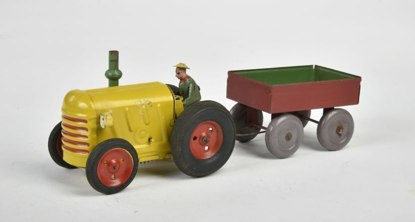 Traktor mit Anhanger: Traktor mit Anhanger, Poland, 28 cm, Blech, UW defekt, LM, Z 2
