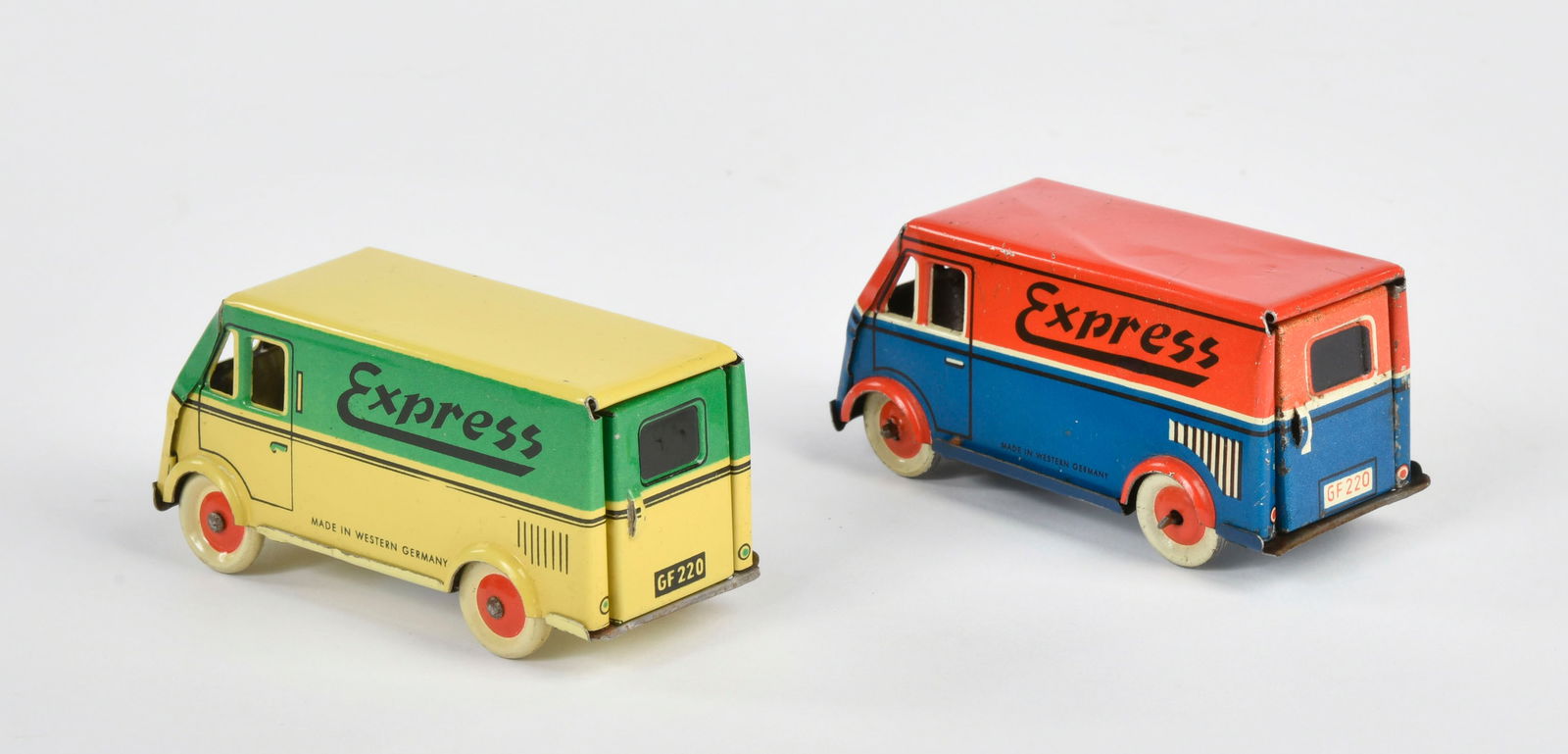 Fischer, 2x Express Lieferwagen: Fischer, 2x Express Lieferwagen, W.-Germany, 8,5 cm, Blech, 1x Friktionsantrieb, Z 1-2