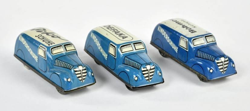 Hofler, 3 verschiedene Kinderschuhe Werbeautos: Hofler, 3 verschiedene Kinderschuhe Werbeautos, Defaka, Bohmer, Piko, W.-Germany, 8 cm, Z 1-2