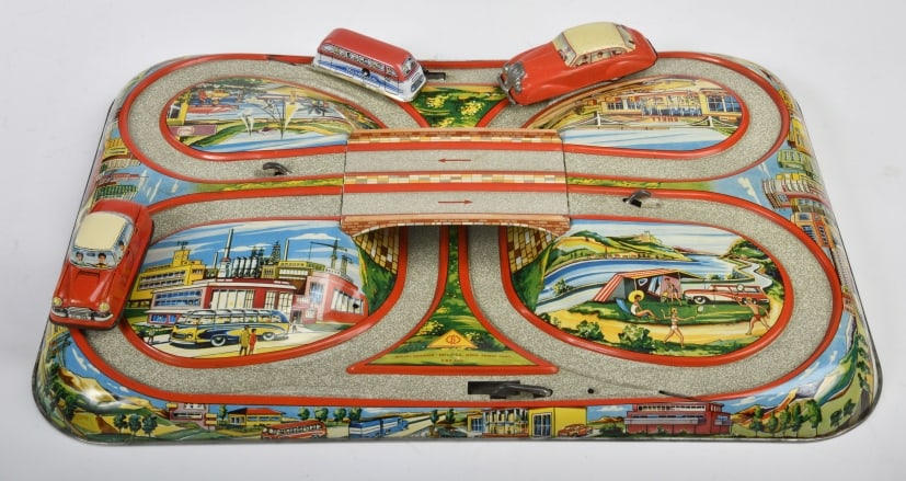 FJ, Technofix Kopie, Rennbahn mit 3 Fahrzeugen: FJ, Technofix Kopie, Rennbahn mit 3 Fahrzeugen, France, Blech, Fahrzeuge in verschiedenen Grossen, Z 2