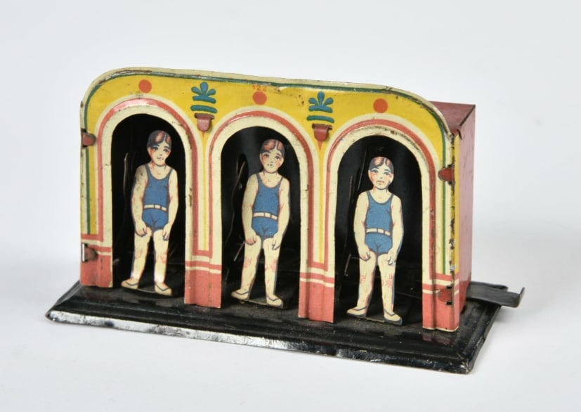 Fischer, Penny Toy Sportler in Kabinen: Fischer, Penny Toy Sportler in Kabinen, Schiebemechanik, Germany VK, 9 cm, min. LM