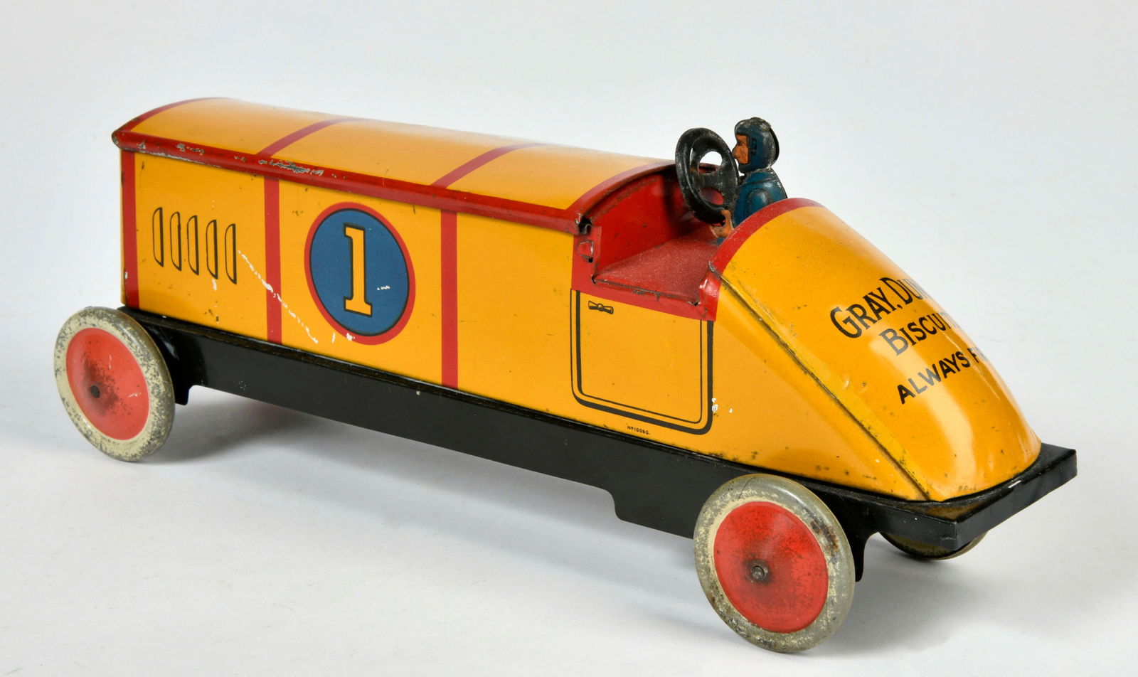 Gray Dunn's Biscuits Rennwagen Keksdose: Gray Dunn's Biscuits Rennwagen Keksdose, Always First, ca. 1910, 25 cm, Blech, schoner Originalzustand