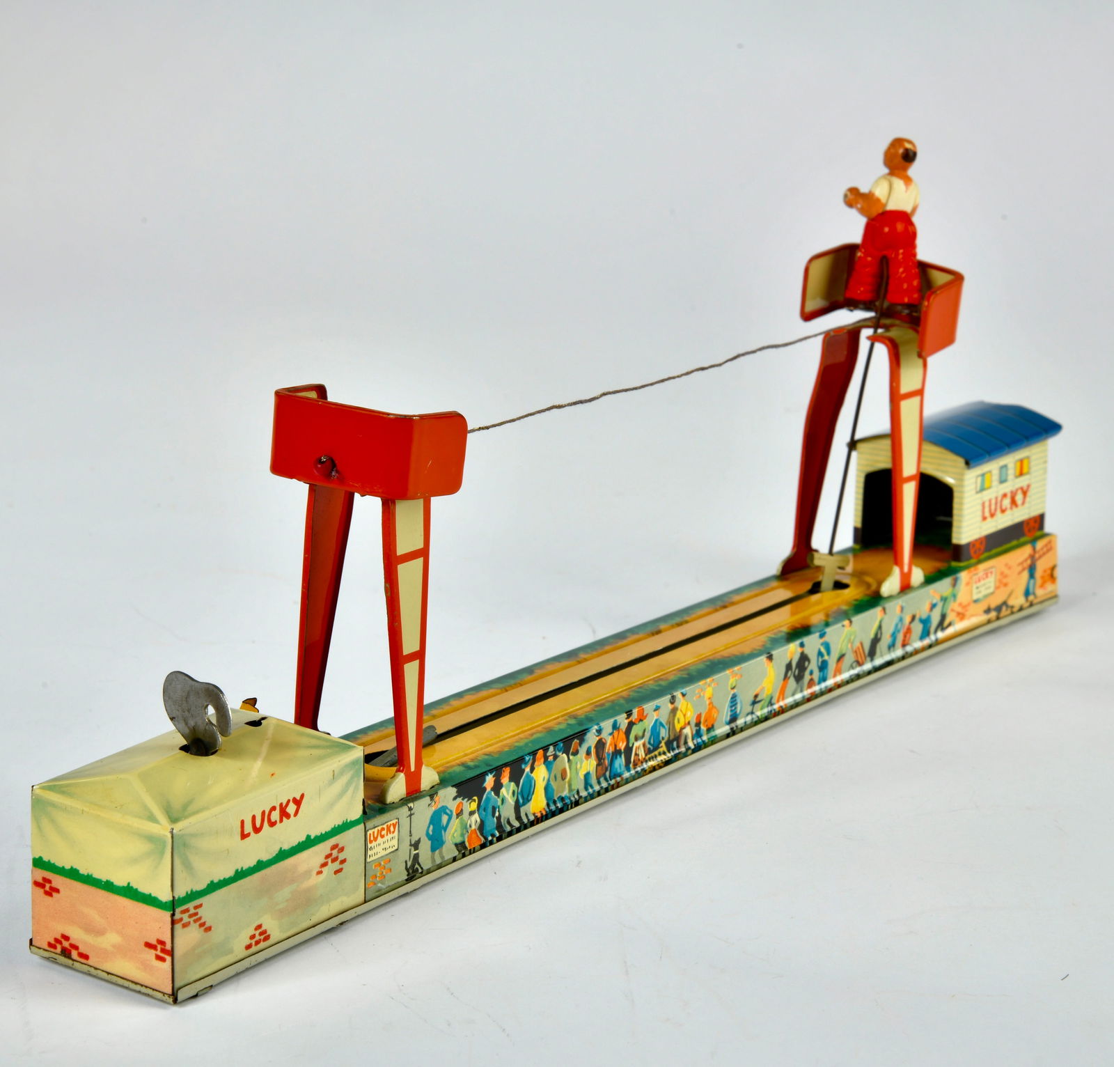 Arnold, Seiltanzer Lucky: Arnold, Seiltanzer Lucky, W.-Germany, 38 cm, Blech, UW ok, Seil neu gespannt, dadurch keine Funktion, fur Bastler