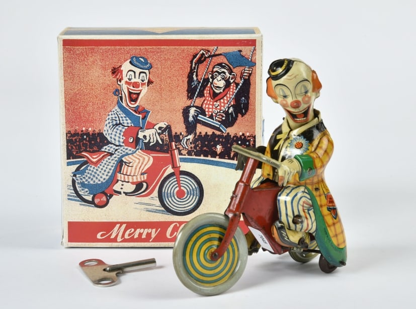Technofix, Merry Clown Motorrad: Technofix, Merry Clown Motorrad, US Z. Germany, 14 cm, Blech, UW ok, Reprobox, min. LM, Z 2+