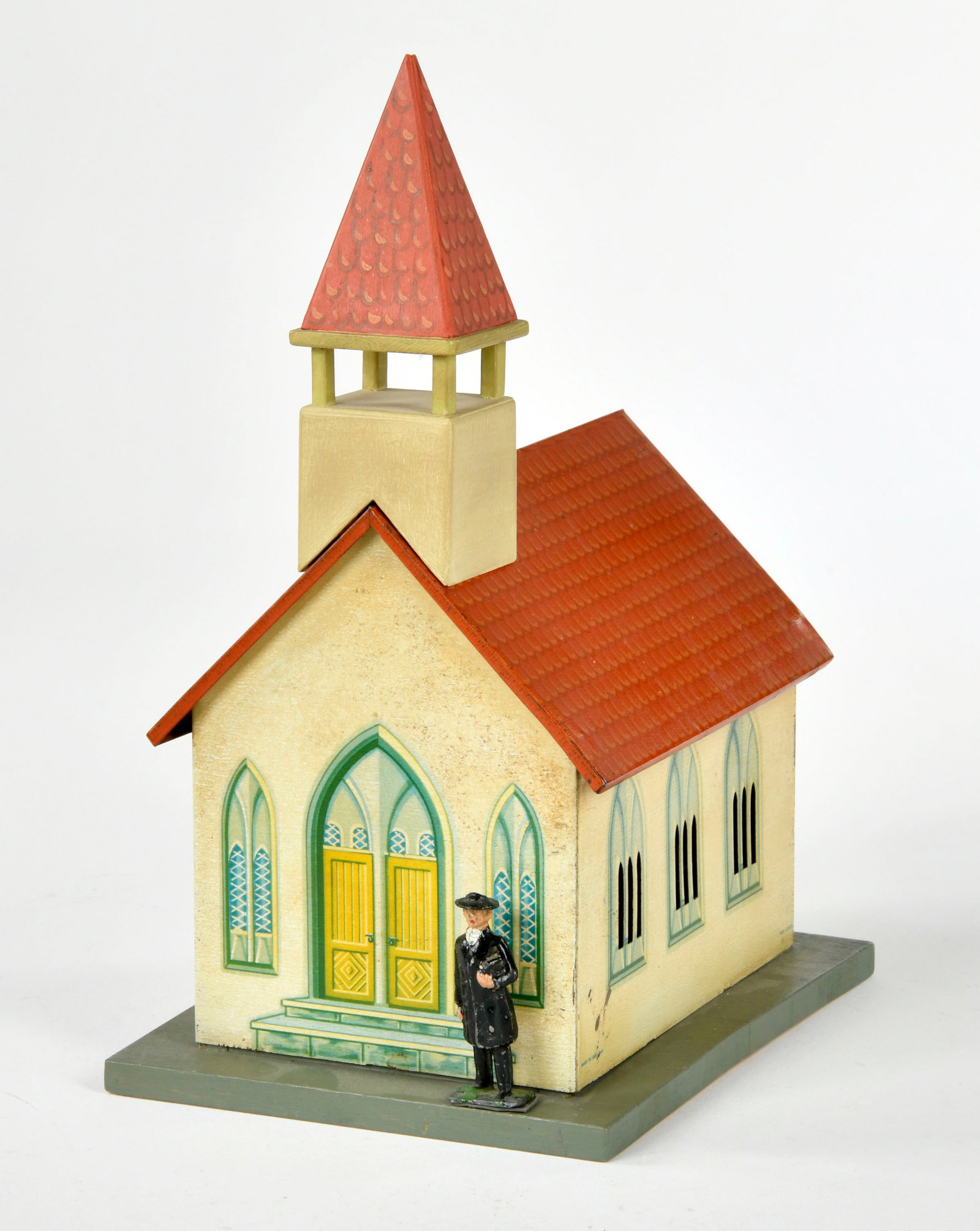 Gama, Rohrseitz, Kirche mit Musikwerk: Gama, Rohrseitz, church with music, Germany, 17 cm, tin, function ok, roof and socle replaced, please inspect
