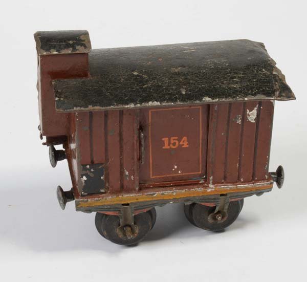 Maerklin: English: Maerklin, Baggage Cart 154, Germany prewar, gauge 1, paint damage, condition 3 Deutsch: Märklin, Gepäckwagen 154, Germany VK, Spur 1, 12 cm, Blech, Lackmängel, Z 3, (3777)