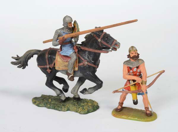 Elastolin: English: Elastolin, Viking + Norman Horseman, W.-Germany, painting 2, condition 1-/2+ Deutsch: Elastolin, Wikinger + Normannen Reiter, W.-Germany, 7 cm, Bemalung 2, Z 1-/2+, (2686)