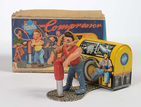 Gescha: English: Gescha, Compressor man, W.-Germany, mixed material, functions ok, original box condition 2, condition 1 Deutsch: Gescha, Compressor Mann, W.-Germany, Höhe 14 cm, Gemischtbauweise, Funktionen