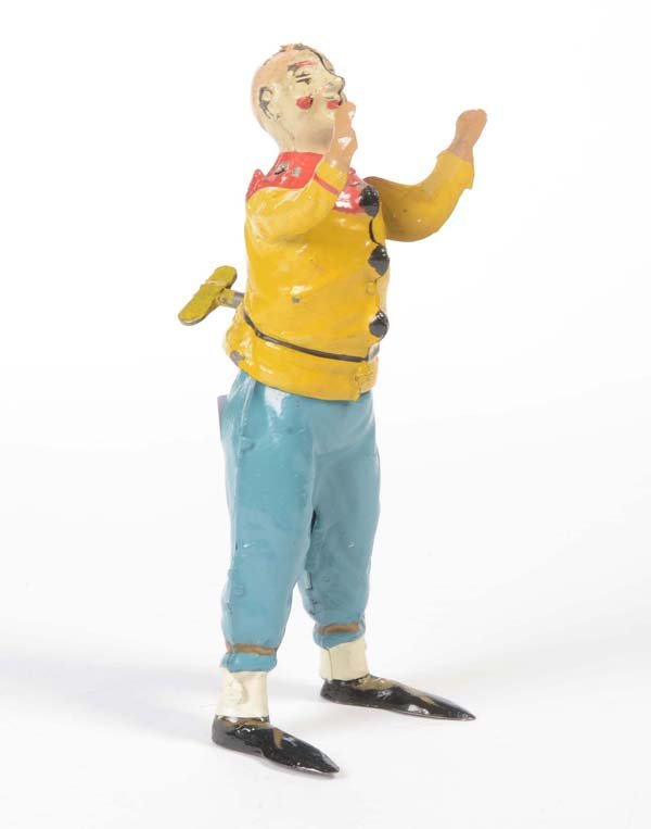 Guenthermann: English: Guenthermann, Clown, Germany prewar, tin, windup ok, repainted, otherwise good condition Deutsch: Günthermann, Clown, Germany VK, 16 cm, Blech, Uhrwerk ok, farblich überholt, sonst guter Zu