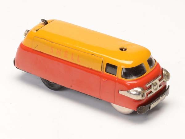 Schuco: English: Schuco, Varianto Shell 3046, W.-Germany, tin, windup ok, minimal paint damage, 1 small dent on roof, condition 2 Deutsch: Schuco, Varianto Shell 3046, W.-Germany, 11 cm, Blech, Uhrwerk ok, mi