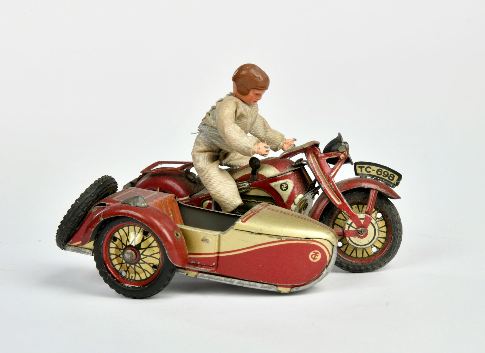 Tippco, Motorrad 698 mit Seitenwagen und Figur: Tippco, Motorrad 698 mit Seitenwagen und Figur, Germany VK, 13 cm, Blech, UW ok, min. LM, Z 2