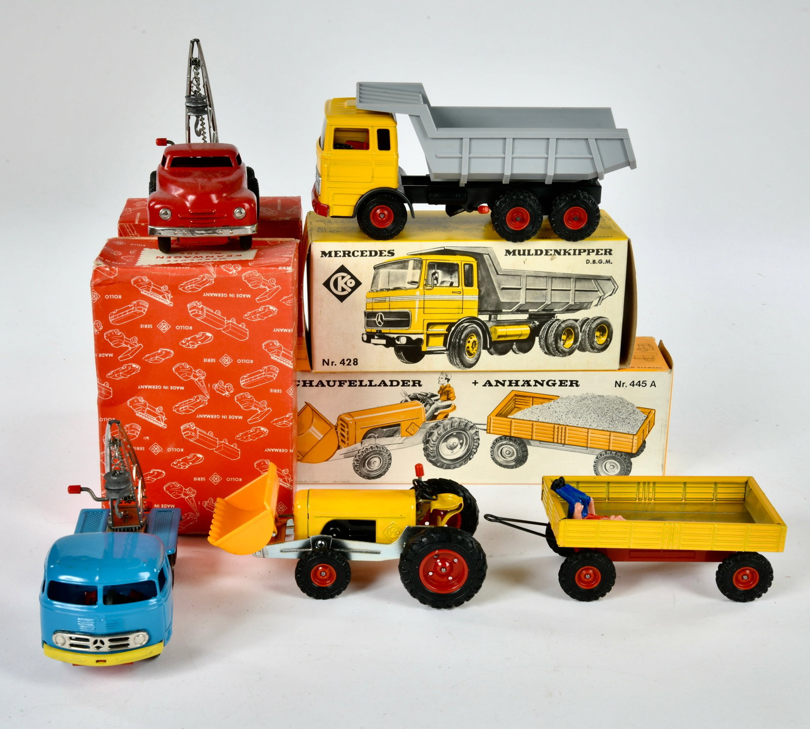 CKO Kellermann, Bagger mit Anhanger, 2 Kranwagen & Muldenkipper: CKO Kellermann, Bagger mit Anhanger, 2 Kranwagen & Muldenkipper, W.-Germany, Friktion ok, Okt, meist Z 1