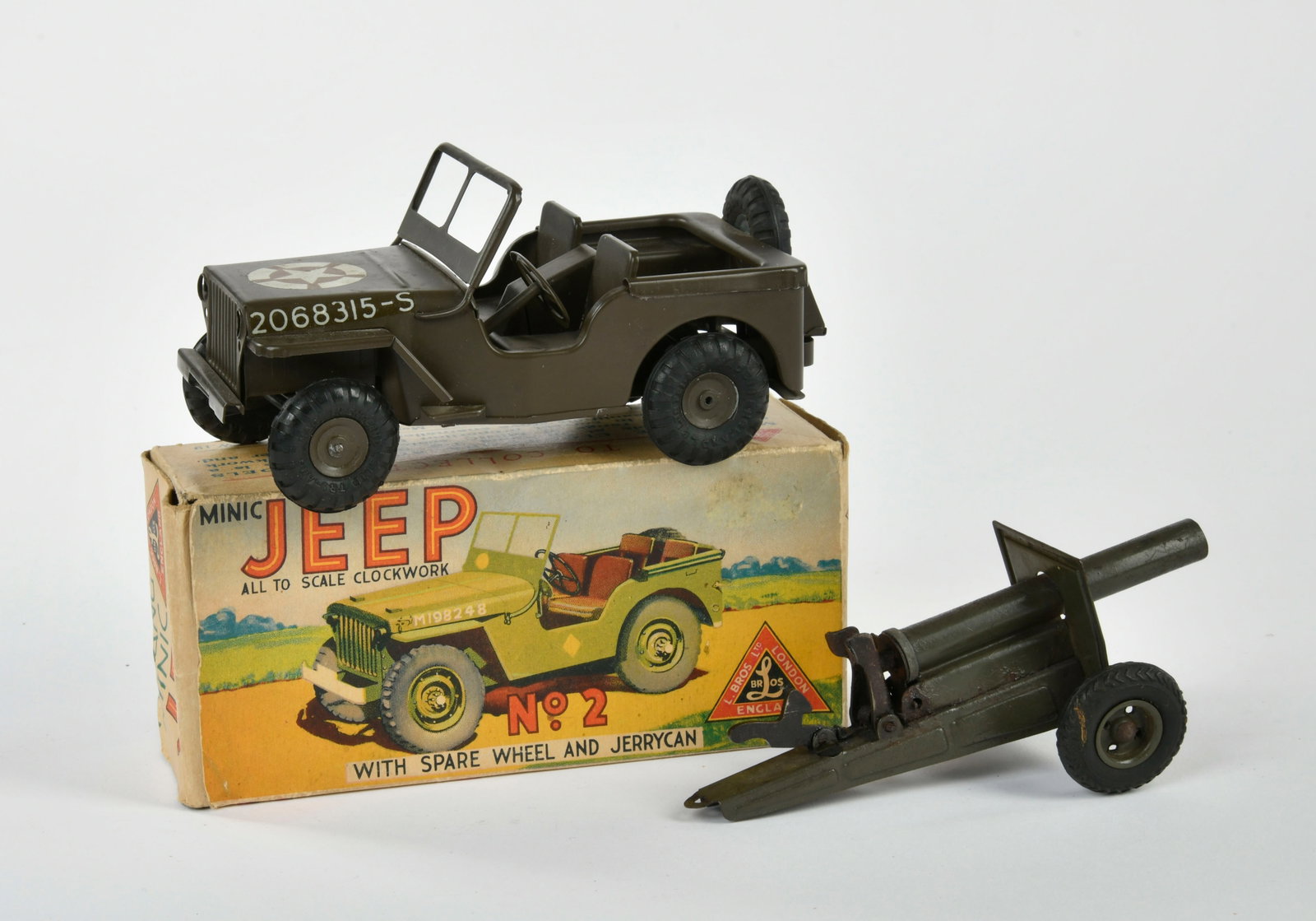 Triang Minic, Jeep & Imo Kanone: Triang Minic, Jeep & Imo Kanone, England, Germany, Jeep 15 cm, Blech, UW ok, 1x Okt, Z 1-2