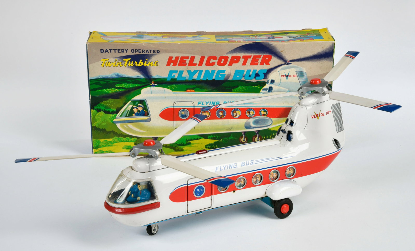 Masudaya Modern Toys, Helicopter Flying Bus: Masudaya Modern Toys, Helicopter Flying Bus, Japan, 40 cm, Funktion nicht gepruft, Okt, Z 1-2