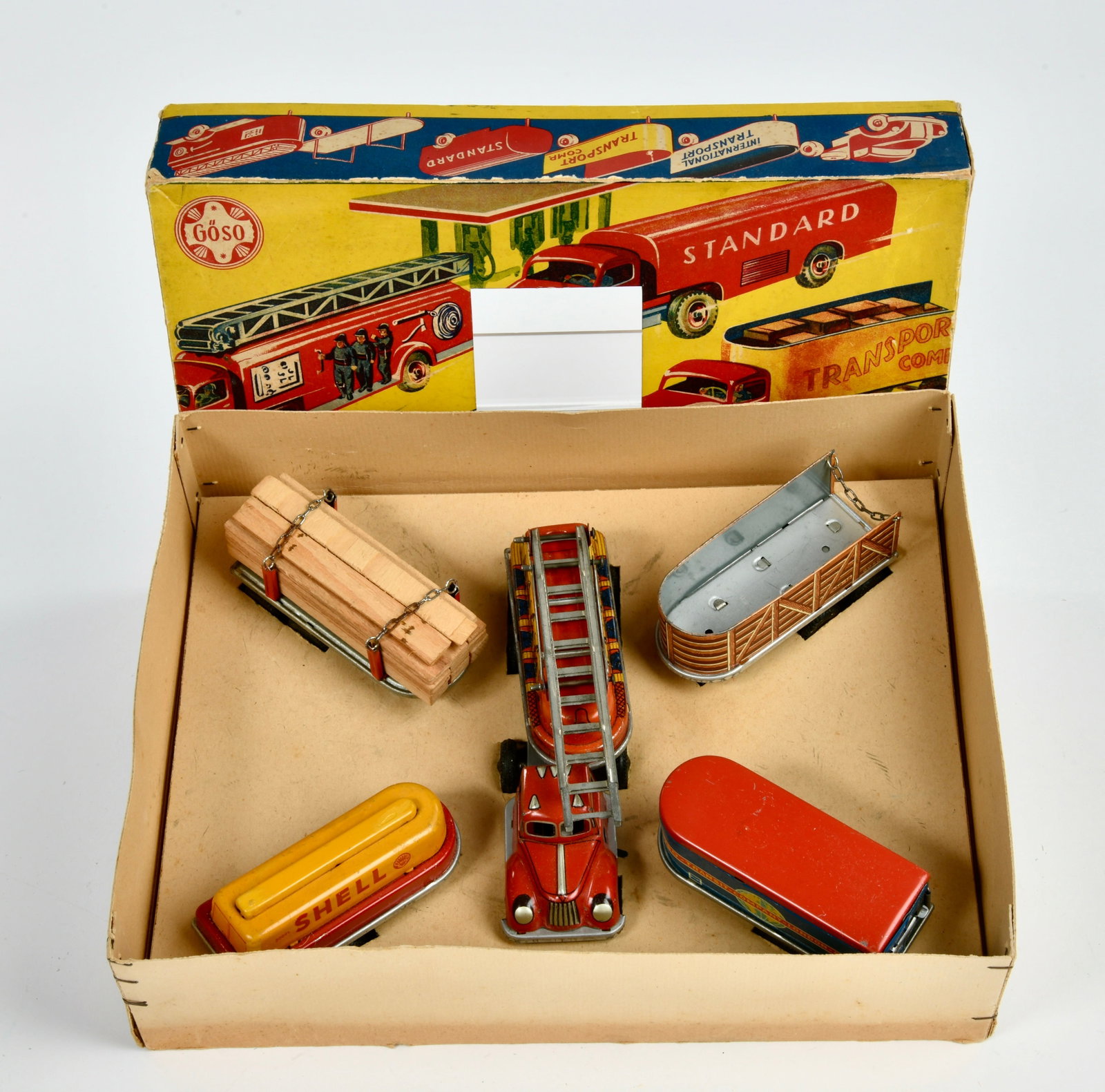 Goso, Feuerwehr & Baufahrzeuge Set: Goso, Feuerwehr & Baufahrzeuge Set, W.-Germany, 23x30 cm, Blech, min. LM, Okt, Z 1-2
