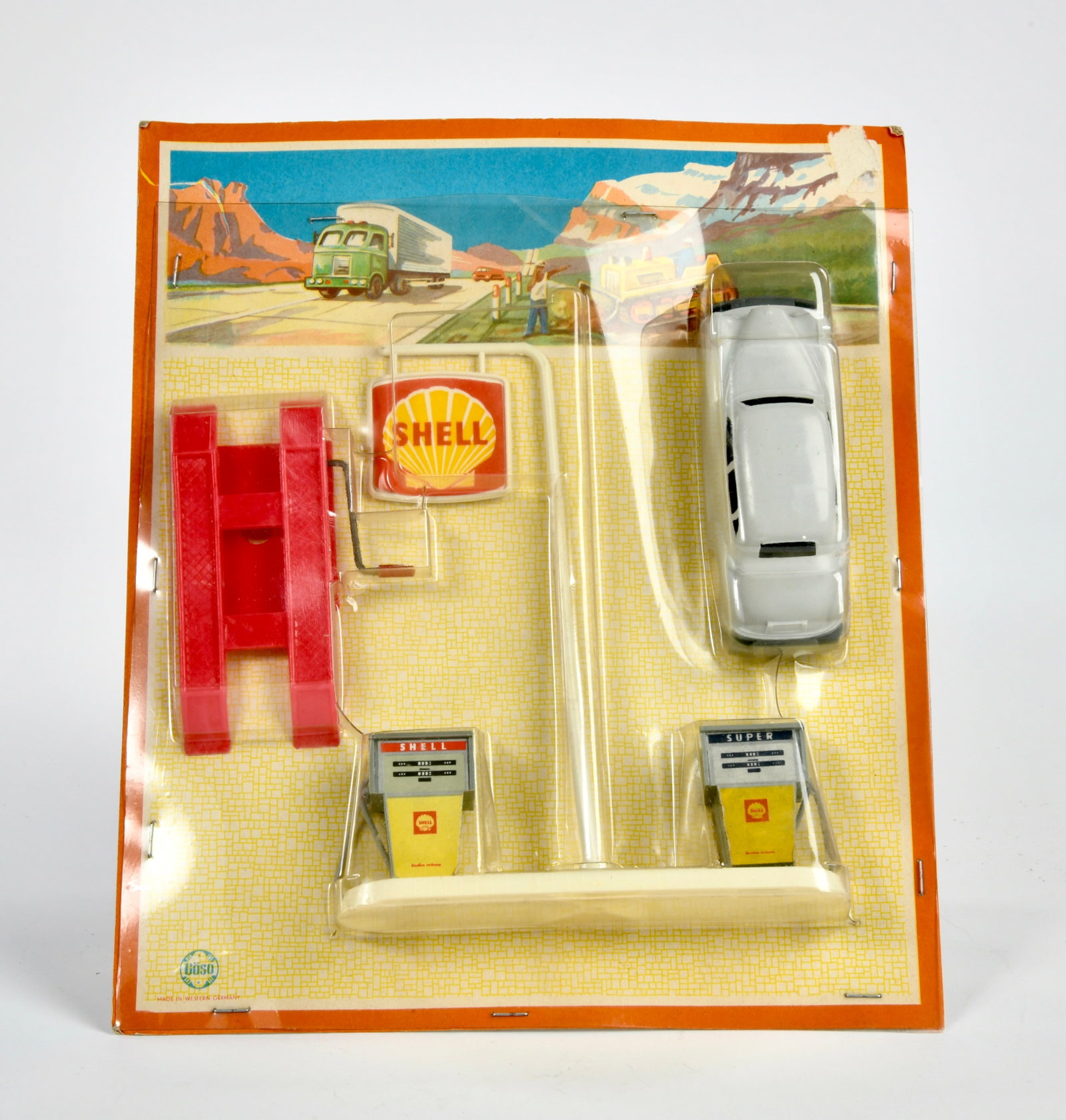 Goso, Mercedes und Shell Tankstelle im Blister: Goso, Mercedes und Shell Tankstelle im Blister, W.-Germany, 23x27 cm, Z 1-
