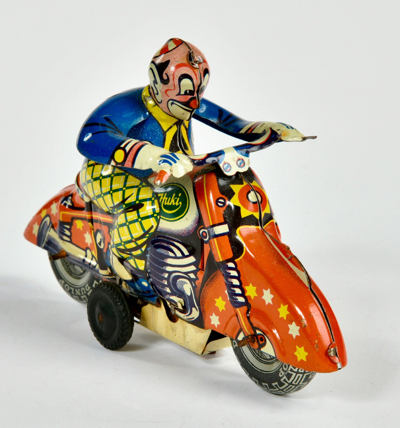 Huki, Clown Motorrad: Huki, Clown Motorrad, W.-Germany, 15 cm, Blech, Friktion ok, Z 1-2