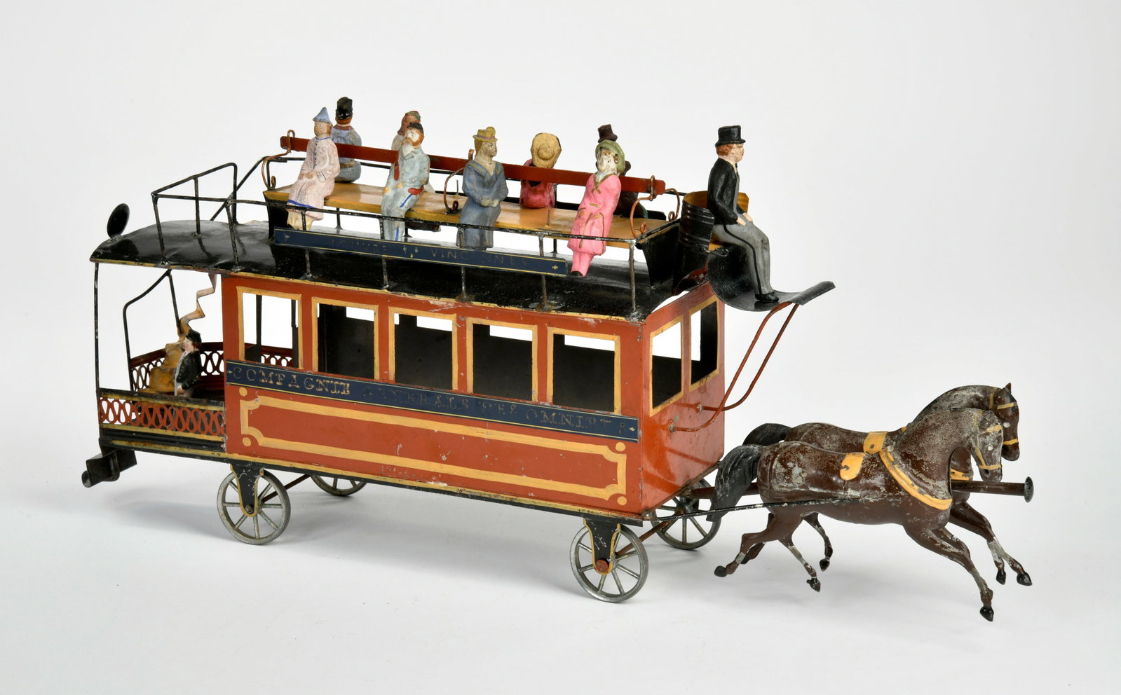 Omnibus Strassenbahn: Omnibus Strassenbahn, France ca. 1880, Blech, Massefiguren, 60 cm, sehr dekorativ