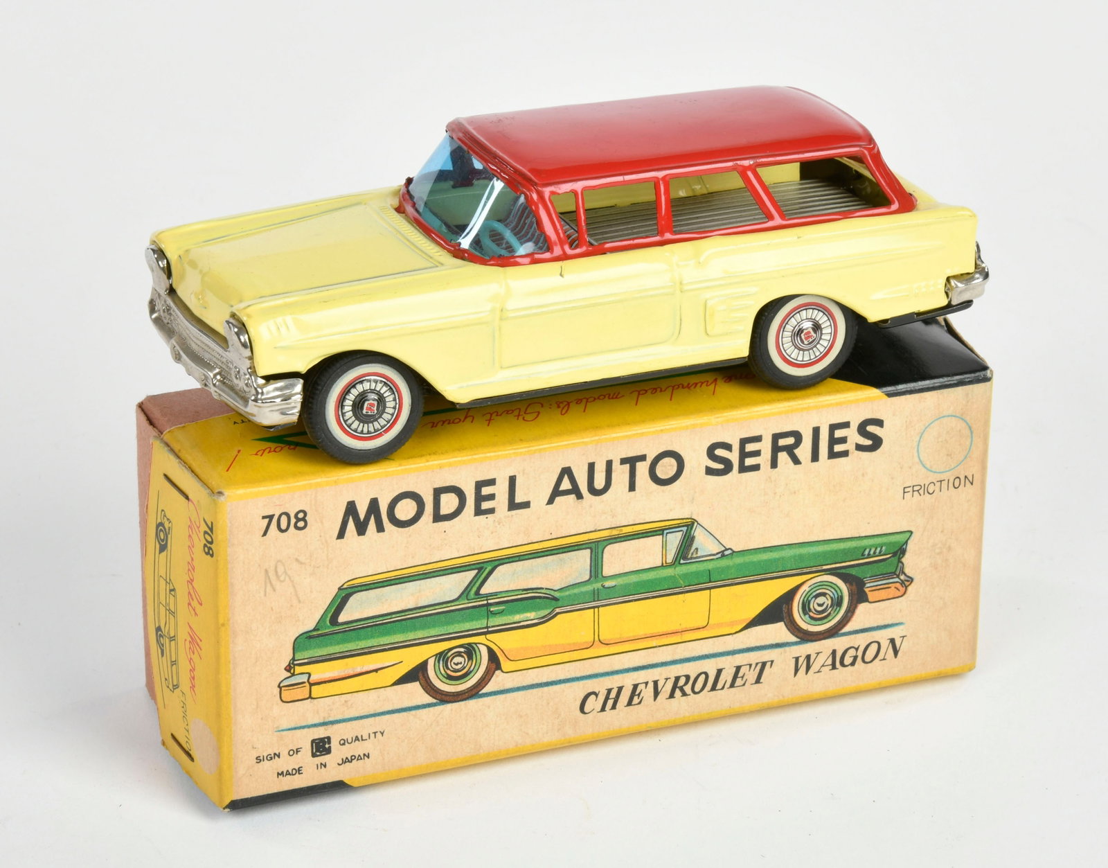 Bandai, Chevrolet Wagon 1958: Bandai, Chevrolet Wagon 1958, Japan, 16 cm, Blech, Friktion ok, Okt Z 1-, Z 1-