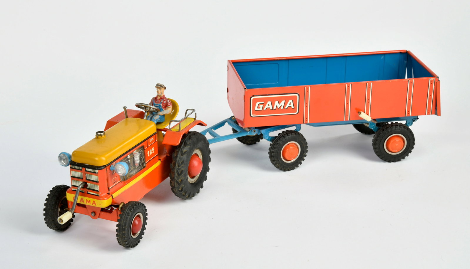 Gama, Traktor mit Anhanger: Gama, Traktor mit Anhanger 185, W.-Germany, 45 cm, UW ok, Fahrerfigur mit LM, sonst Z 2+