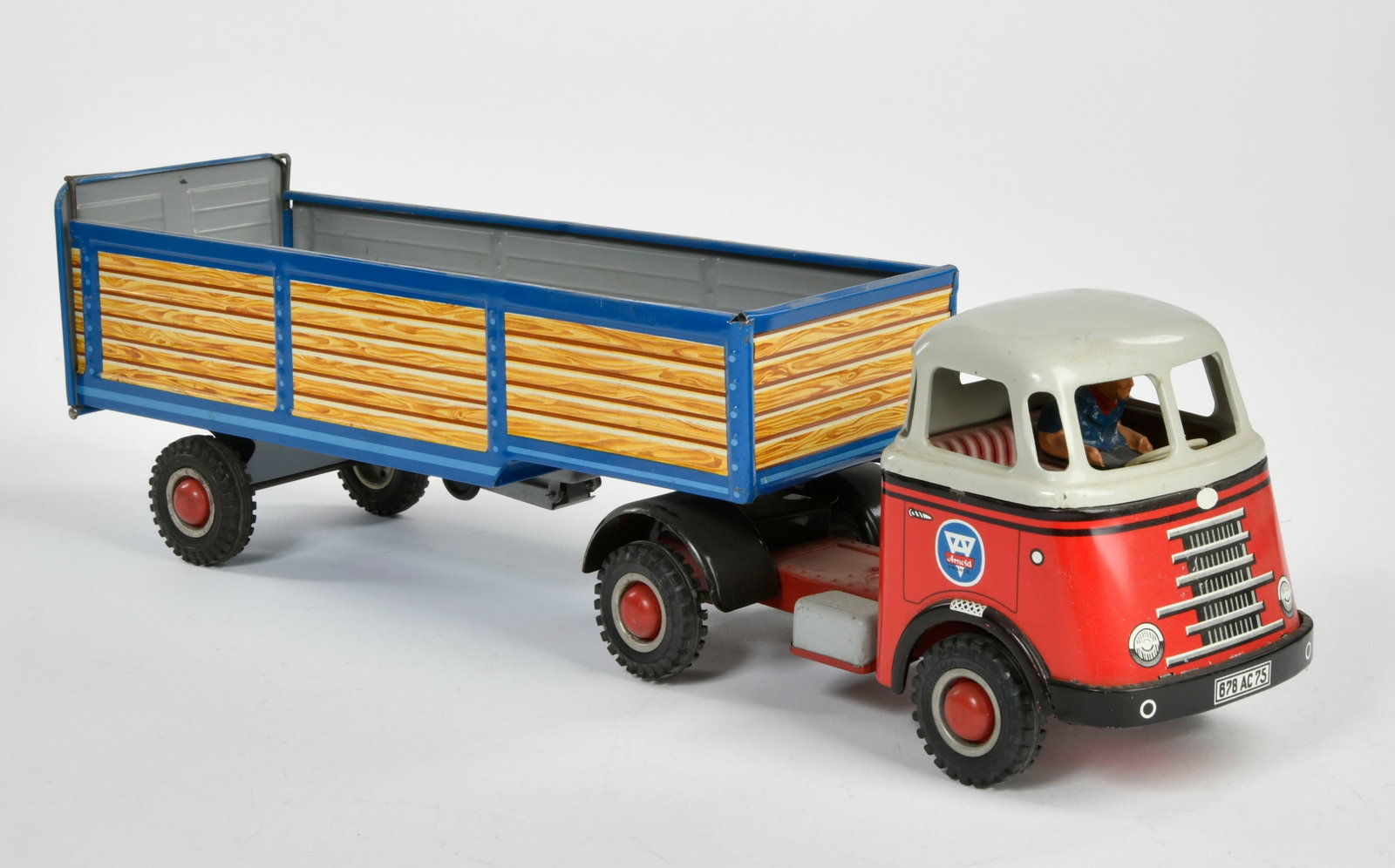 Arnold, DAF Sattelschlepper: Arnold, DAF Sattelschlepper, W.-German, Auflieger mit Hochpritsche, Blech, 44 cm, Friktion ok, Z 1-2