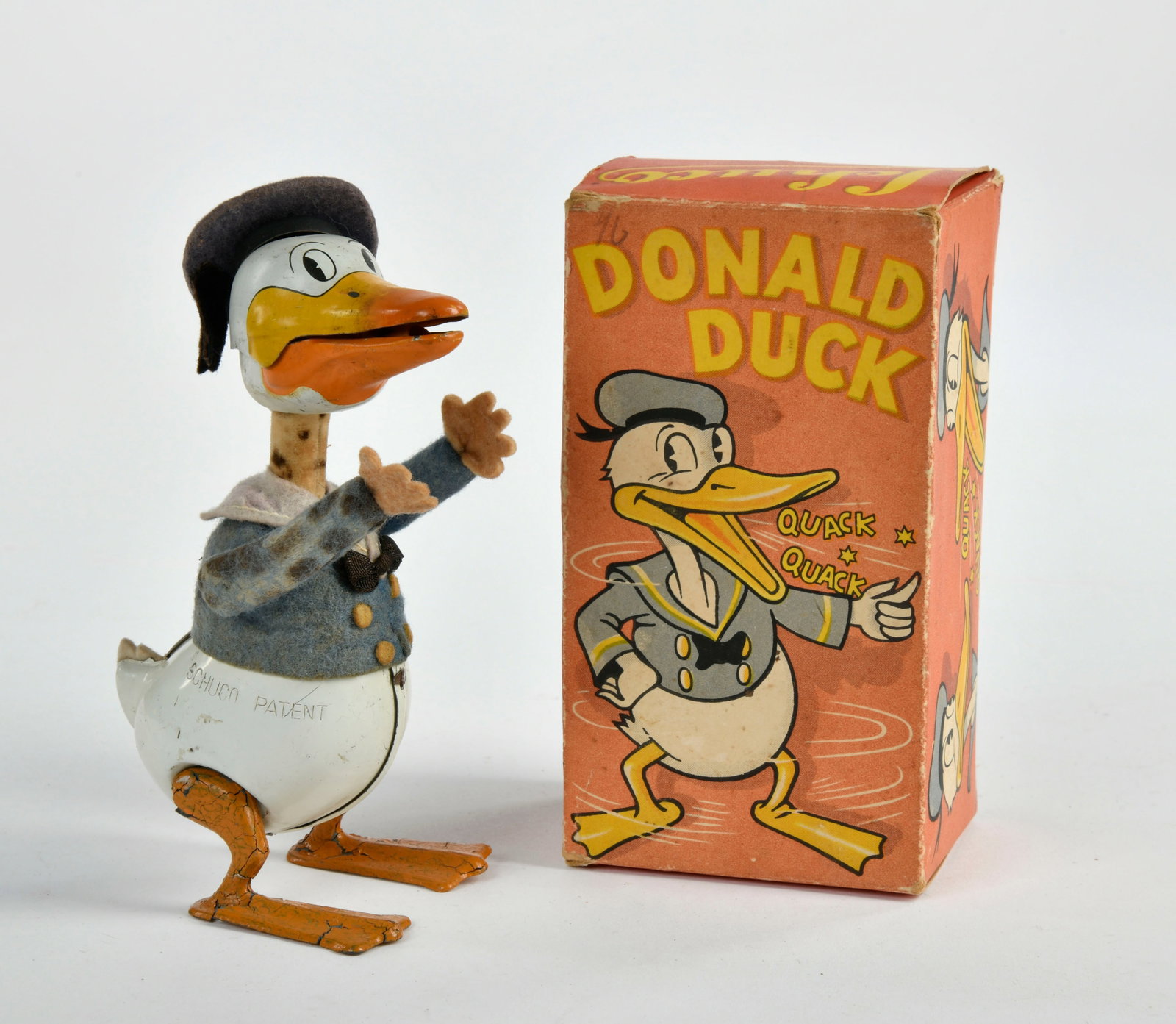 Schuco, Donald Duck: Schuco, Donald Duck, Germany VK, 15 cm, Blech, UW ok, Stimme defekt, Beine mit Zinkpest (bruchig), seltener Okt