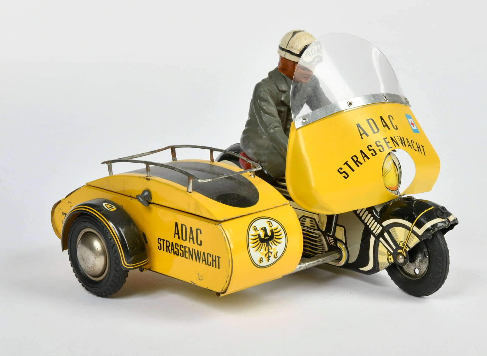 Goso, ADAC Strassenwacht Beiwagenmotorrad: Goso, ADAC Strassenwacht Beiwagenmotorrad, W.-Germany, 19 cm, Blech, Friktion ok, Windschutzscheibe teilw. ausgelascht, sonst Z 2