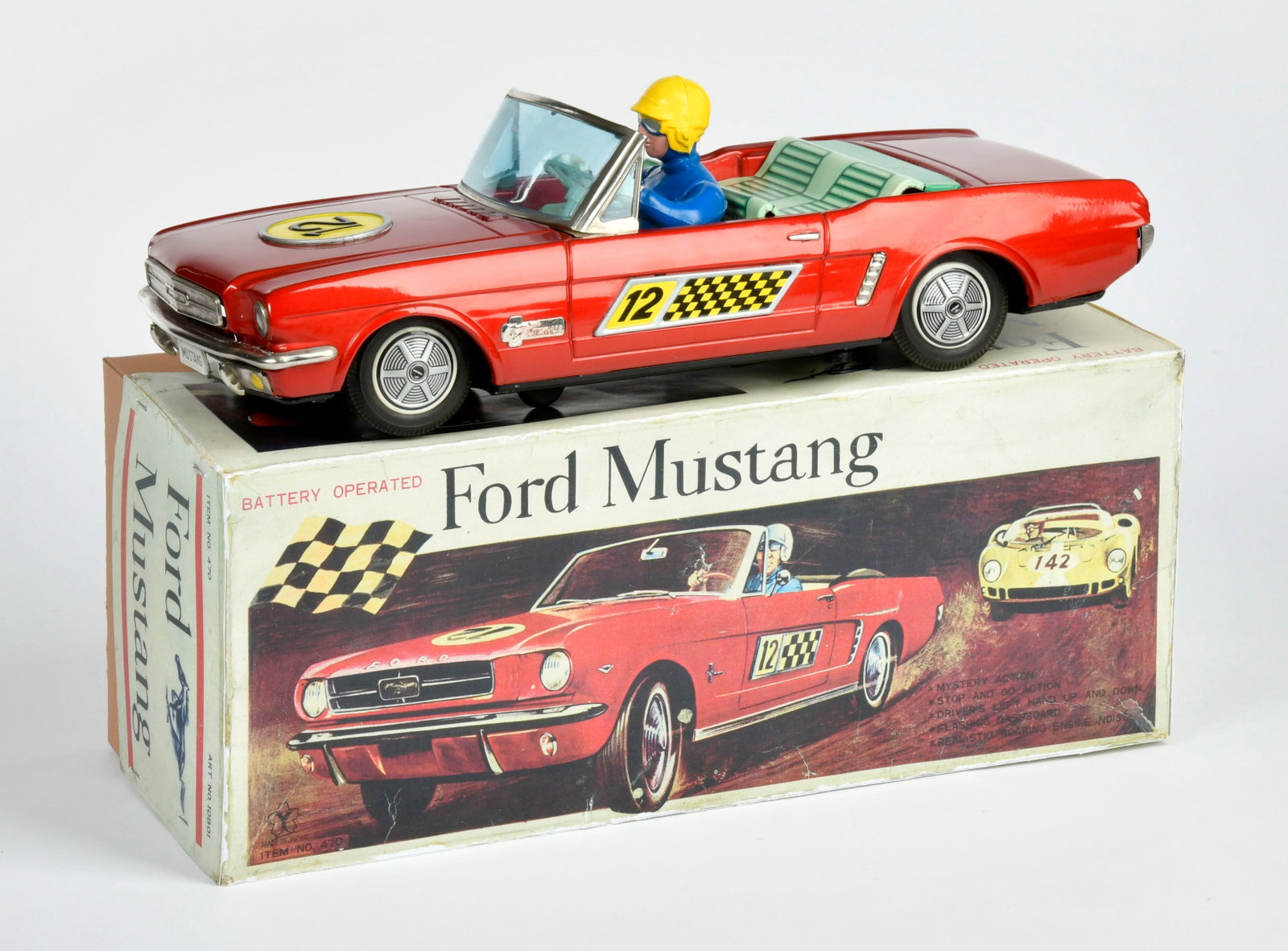 Yonezawa, Ford Mustang: Yonezawa, Ford Mustang, Japan, 34 cm, Blech, Bat. Antrieb ok, Reprobox, min. ausgeblichen, Z 1-2