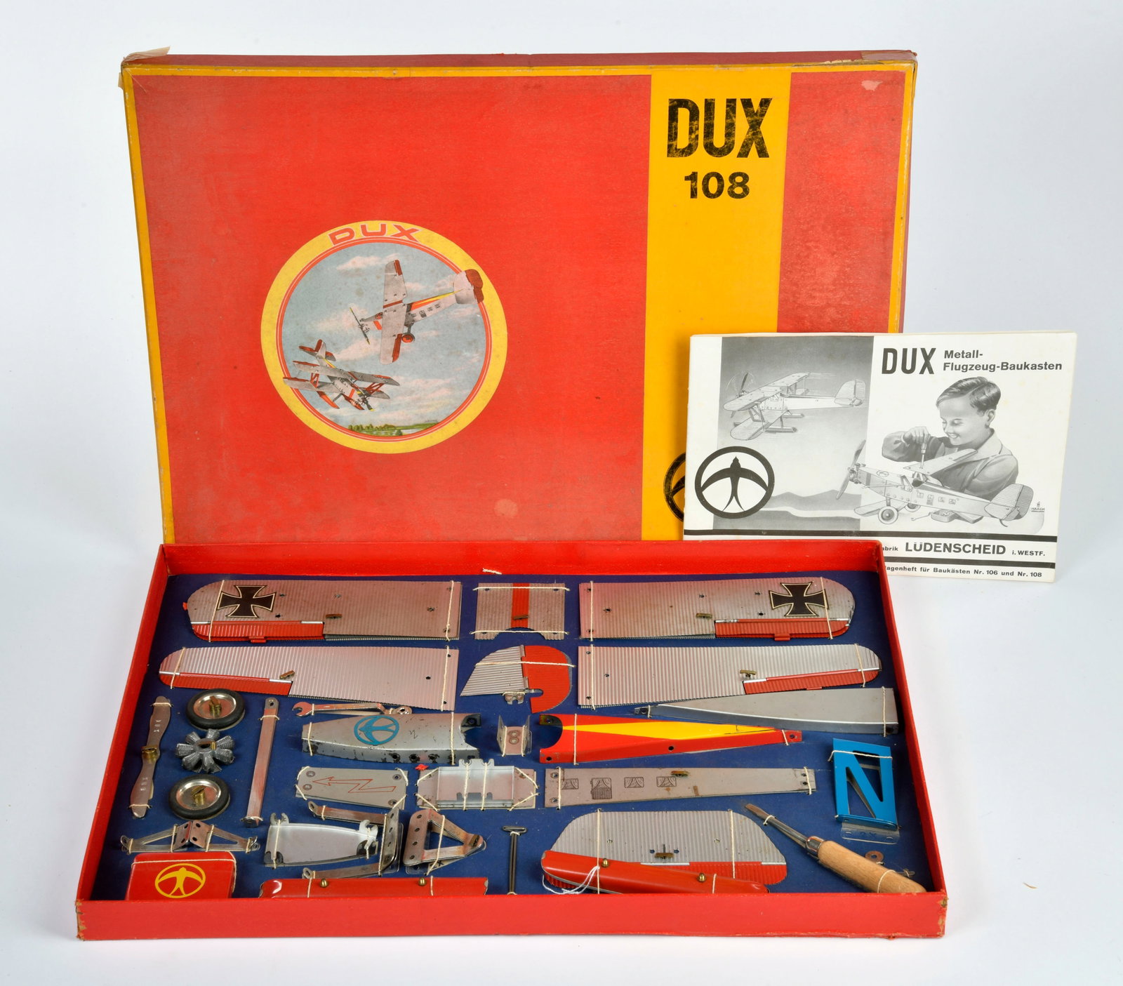 Dux, Flugzeug Baukasten 108: Dux, Flugzeug Baukasten 108, Germany VK, 37x53 cm, Blech, Okt, Z 1-2
