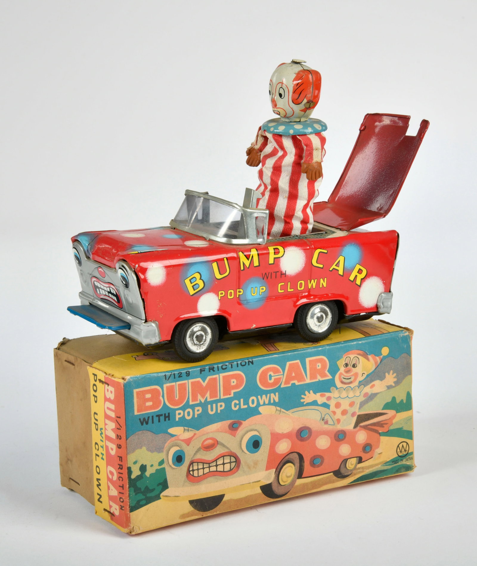 Bump Car with Pop Up Clown: Bump Car with Pop Up Clown, Japan, 18 cm, Blech, Friktion + Funktion ok, Okt Z 2, Z 1-