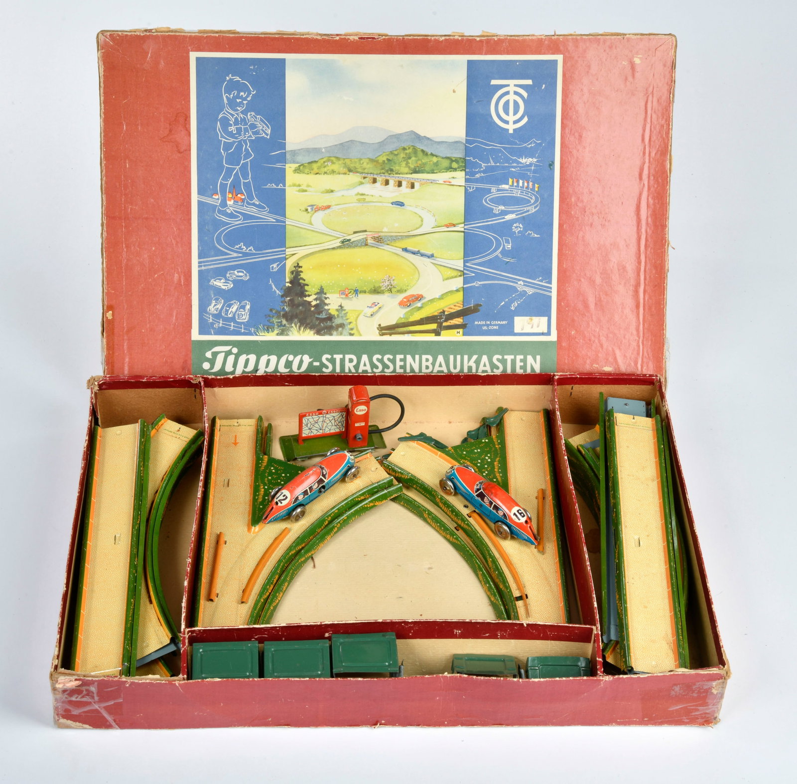 Tippco, Strassenbaukasten: Tippco, Strassenbaukasten, US Z.-Germany, 2 Fahrzeuge, UW ok, 49x32 cm, Z 2