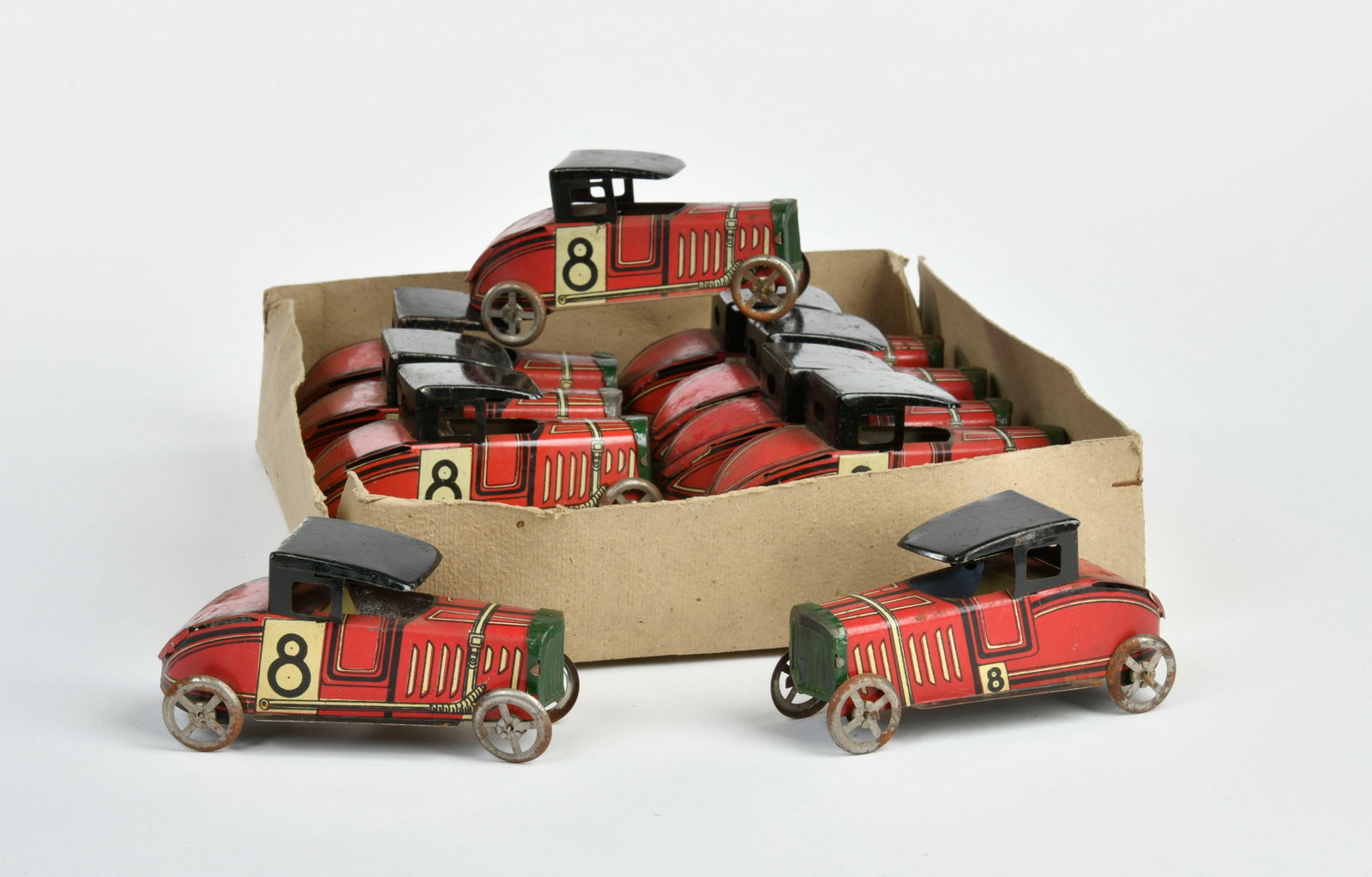 Rico, Handlerbox mit 10 Rennwagen: Rico, Handlerbox mit 10 Rennwagen, Spain, je 12 cm, Blech, Lagersspuren, LM