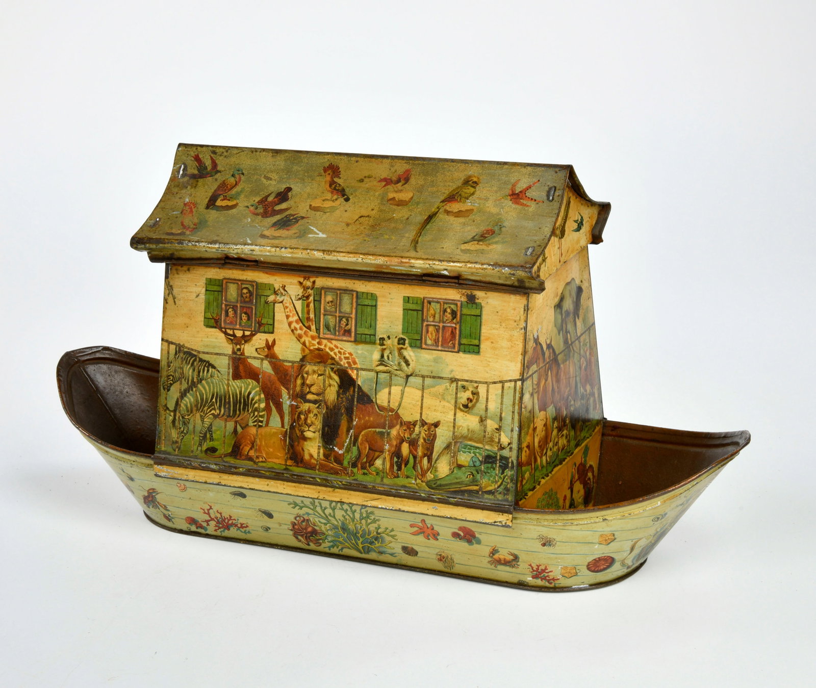 Seiffener Arche Noah Keksdose: Seiffener Arche Noah Keksdose, Germany um 1900, Blech, 50 cm, sehr dekorative Lithografie, min. LM