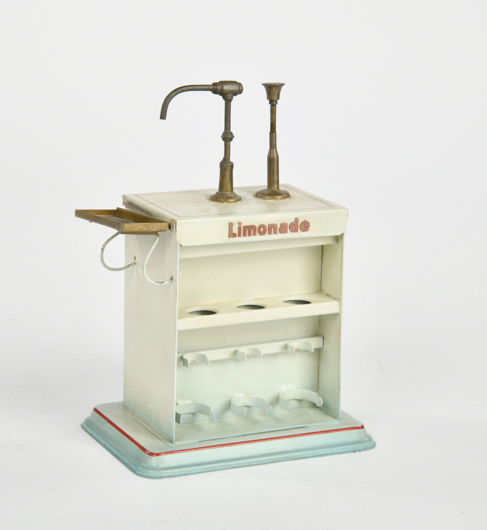 Doll, Limonade Stand: Doll, Limonade Stand, fur Puppenstube, Eisenbahn etc., Germany, Blech, 18 cm hoch, restauriert