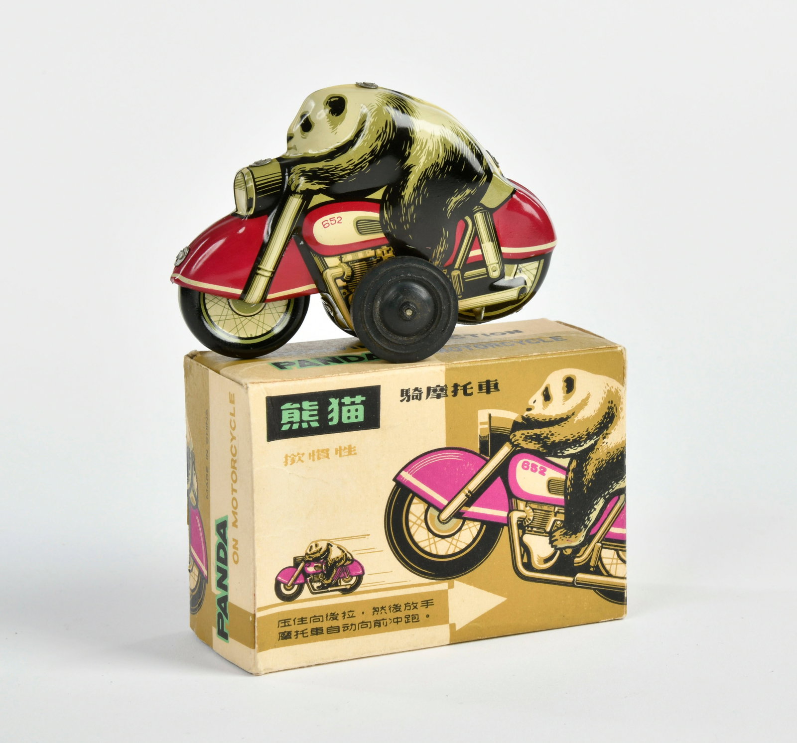 Panda auf Motorrad MF 652: Panda auf Motorrad MF 652, China, 9,5 cm, Blech, Antrieb ok, Okt Z 1-2, Z 1