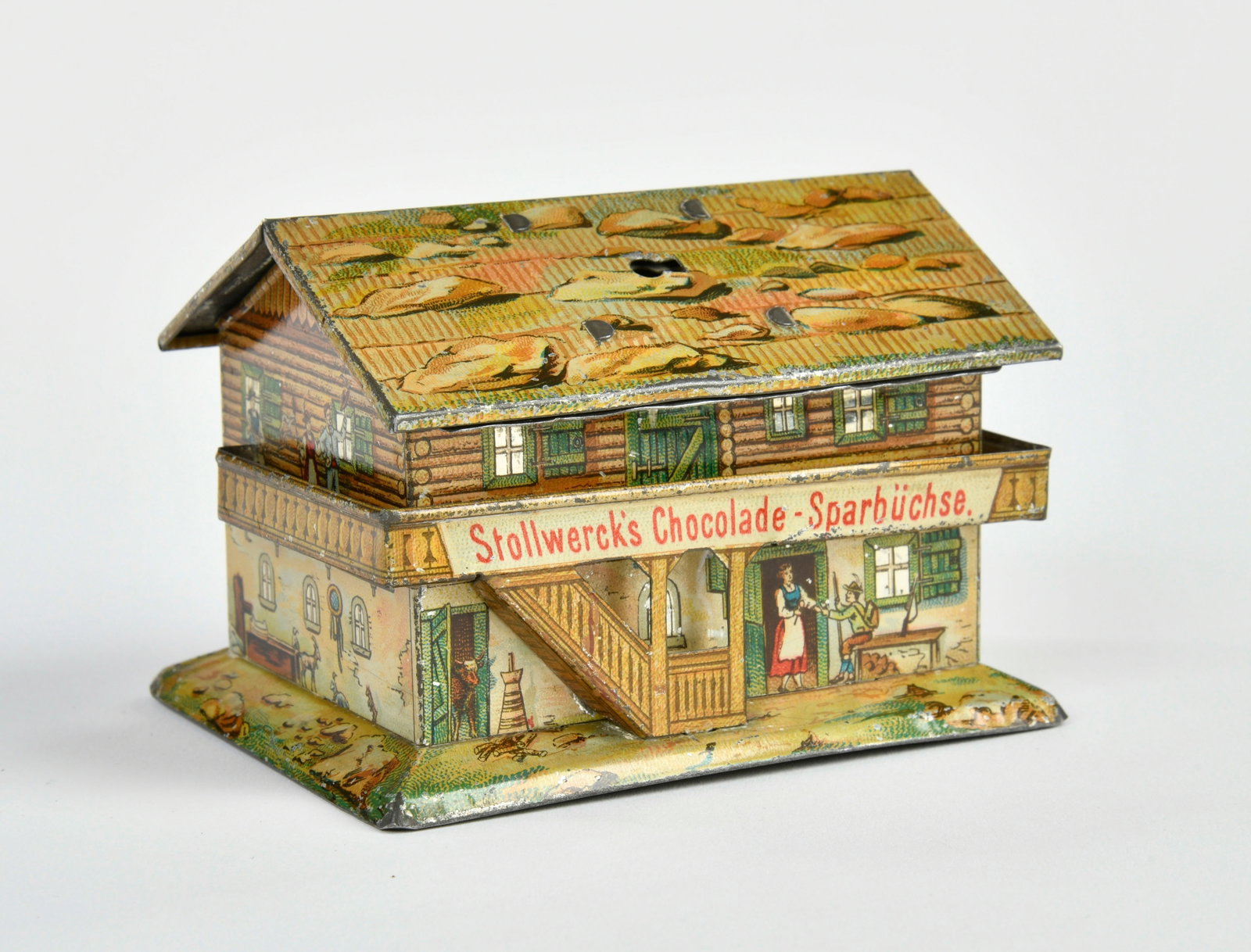 Stollwerck, Penny Toy Spardose "Alpenhaus",: Stollwerck, Penny Toy Spardose "Alpenhaus", Germany VK, 9 cm, Blech, Z 1-
