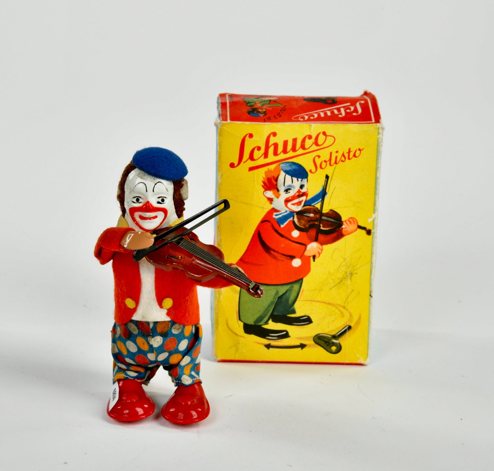 Schuco, Solisto Clown mit Geige: Schuco, Solisto Clown mit Geige, W.-Germany, 12 cm, UW ok, Reprobox, Z 1-2