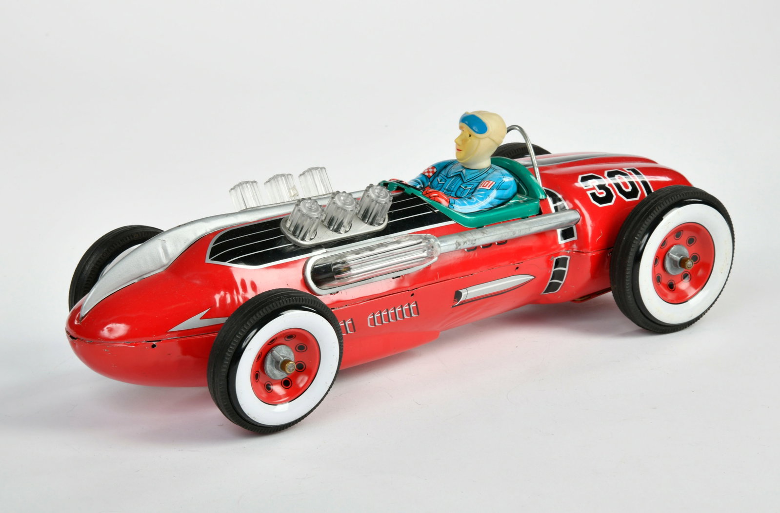 Masudaya Modern Toys, Rennwagen 301: Masudaya Modern Toys, Rennwagen 301, Japan, 46 cm, Antrieb nicht gepruft, Scheibe fehlt, Z 2