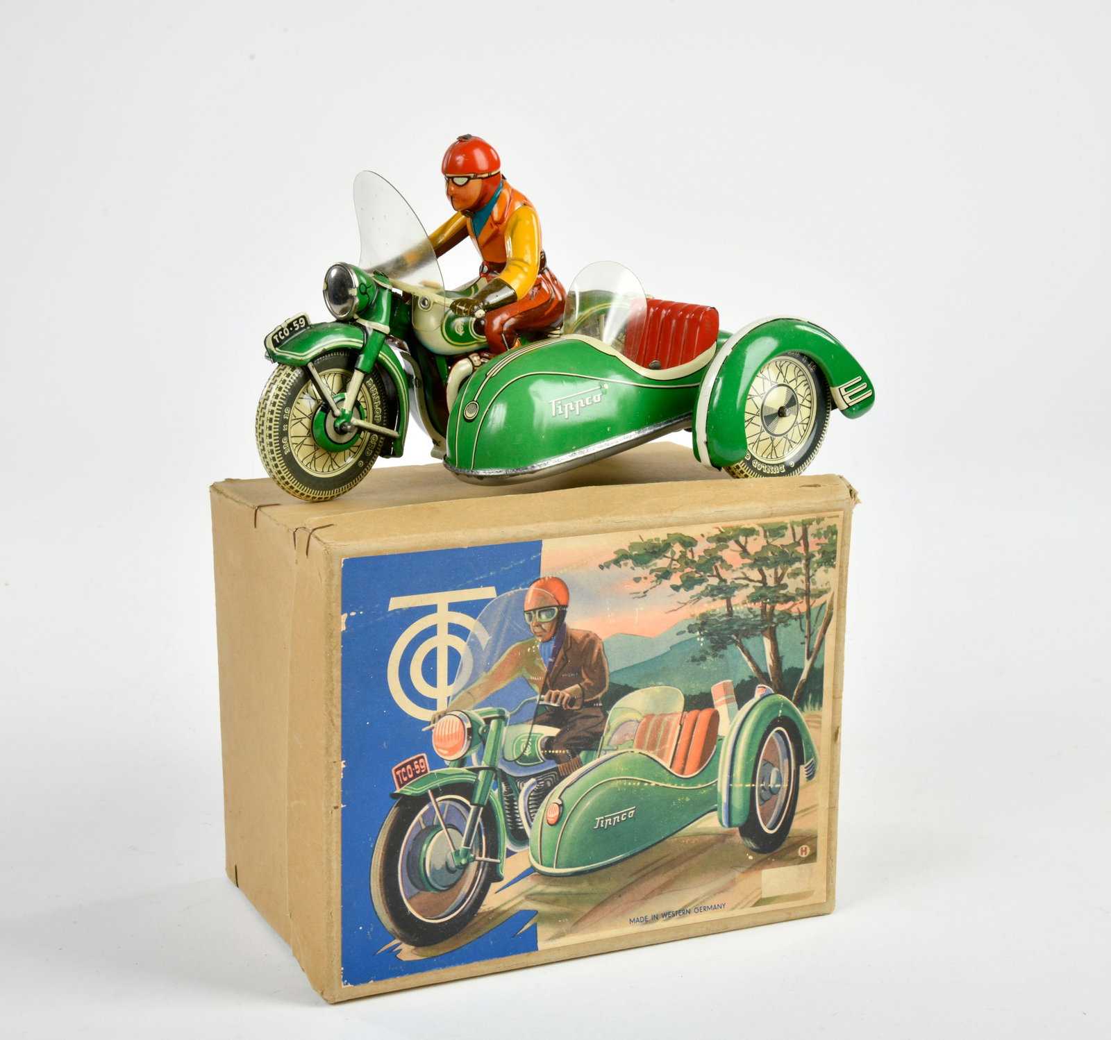 Tippco, Beiwagenmotorrad No 59: Tippco, Beiwagenmotorrad No 59, W.-Germany, 20 cm, Blech, UW dreht durch, Okt Z 1-2, Z 1-