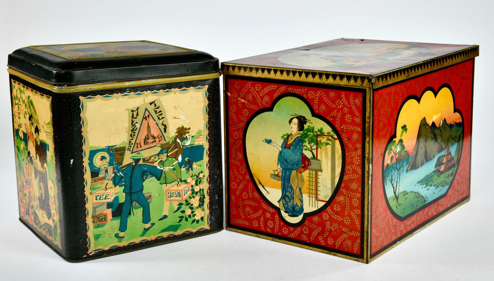 Mezger u.a., 2 Teedosen: Mezger u.a., 2 Teedosen, Germany VK, 24 x 23,5 x 26,5 cm, 33 x 23 x 24,5 cm, Blech, Alters- und Gebrauchsspuren