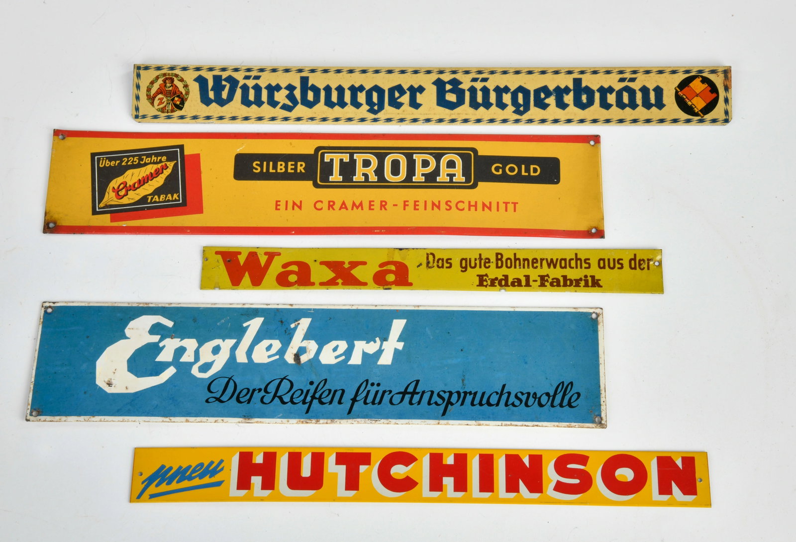 5 Blechschilder, Streifen, Hutchinson, Waxa, Wurzburger Burgerbrau, Tropa, Englebert: 5 Blechschilder, Streifen, Hutchinson, Waxa, Wurzburger Burgerbrau, Tropa, Englebert, 34-40 cm, Z 1-2