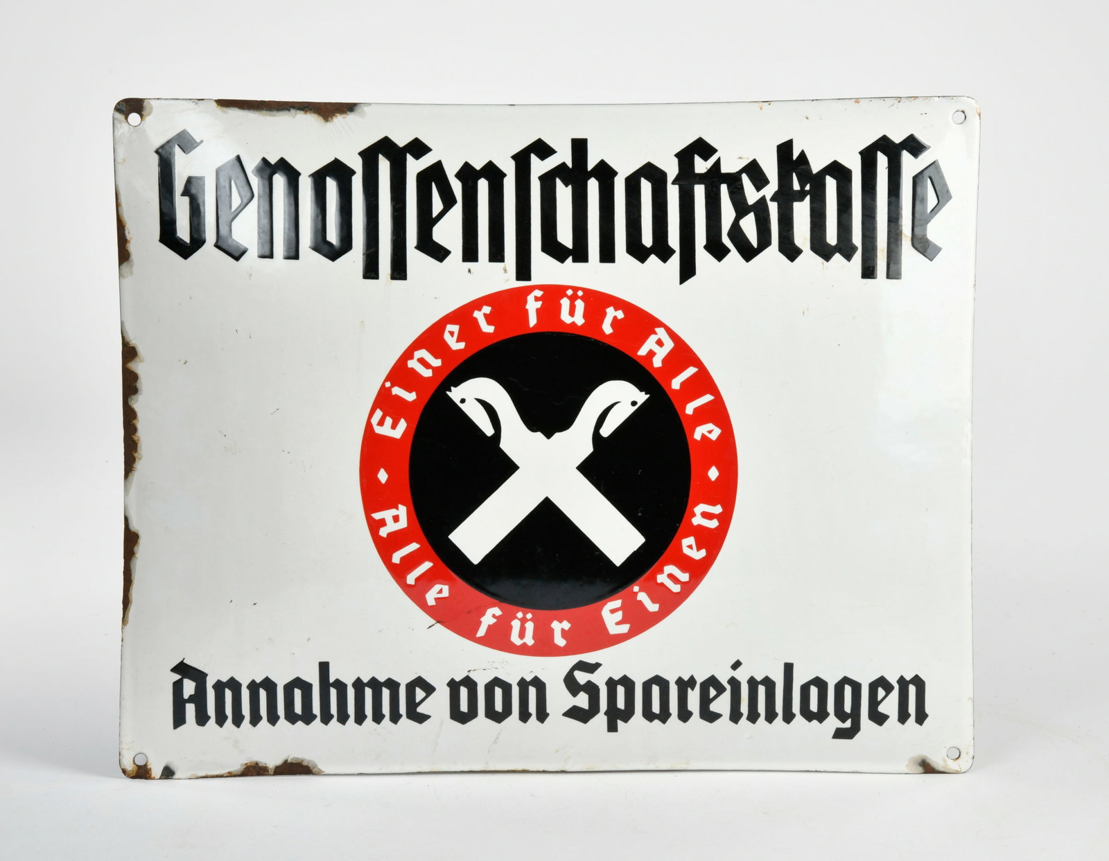 Genossenschaftskasse Raiffeisen - Annahme von Spareinlagen, Emailschild: Genossenschaftskasse Raiffeisen - Annahme von Spareinlagen, Emailschild, 40x50 cm, LM, gewolbt, Z 2