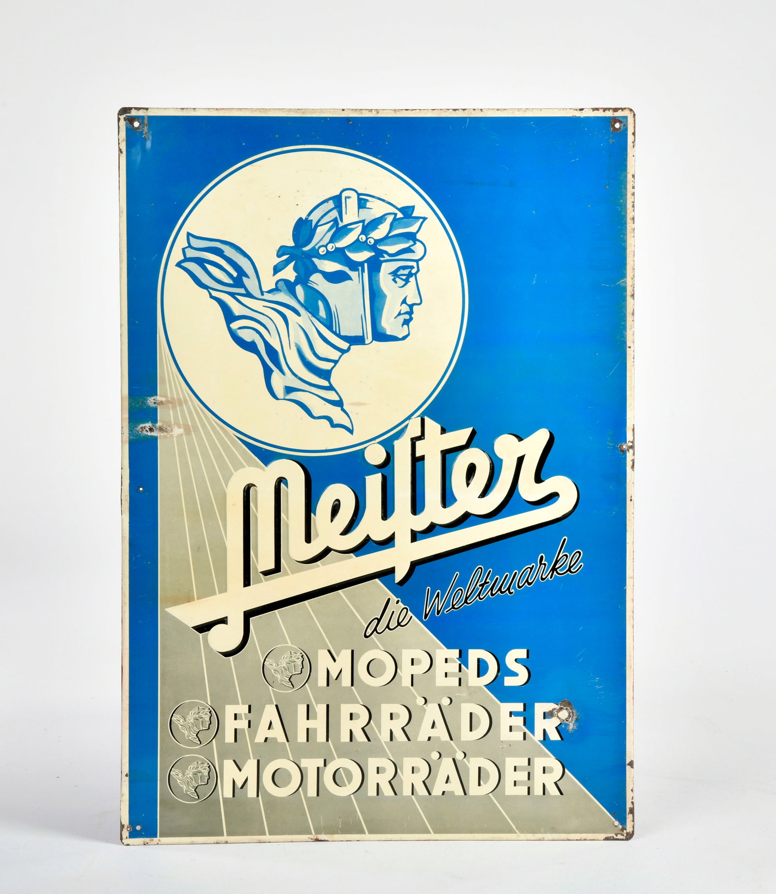 Meister, die Weltmarke - Fahrrader, Motorrader, Blechschild: Meister, die Weltmarke - Fahrrader, Motorrader, Blechschild, 35x50 cm, Z 2