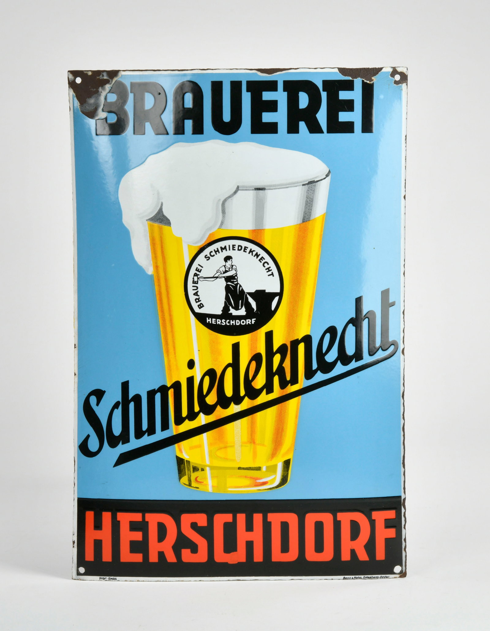 Brauerei Schmiedeknecht Herschdorf, Emailschild: Brauerei Schmiedeknecht Herschdorf, Emailschild, 60x40 cm, Z 2