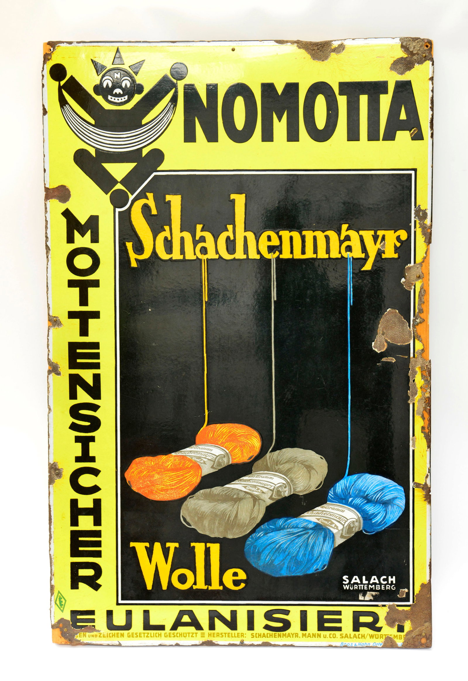 Nomotta, Schachenmayr Wolle, Emailleschild: Nomotta, Schachenmayr Wolle, Emailleschild, Ruckseitig mit Holz restaturiert, Z 2-3, kein Versand