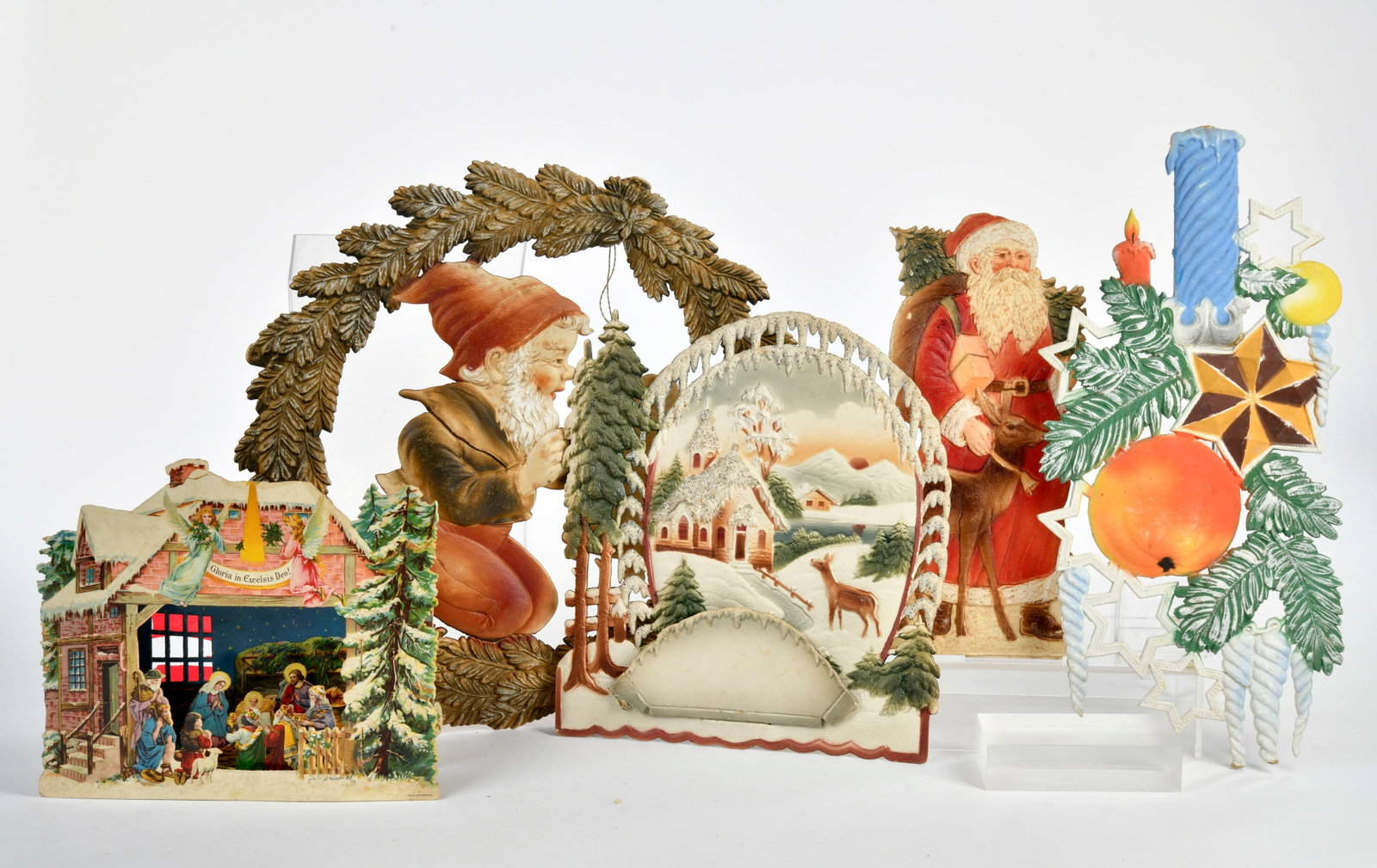 5 Aufstellpappen Weihnachtsdekoration: 5 Aufstellpappen Weihnachtsdekoration, Germany, 19-38 cm, gepragte/kolorierte Pappe, Z 1-2