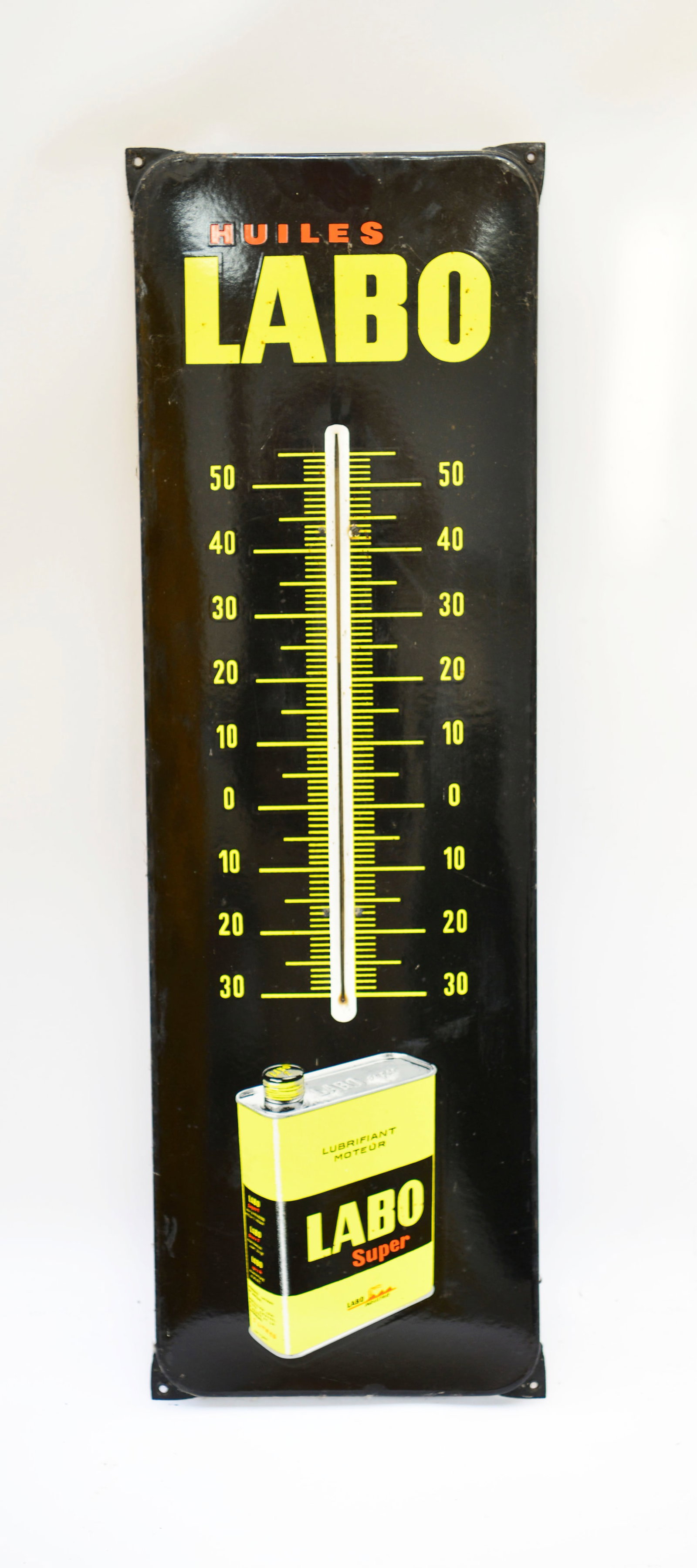 Huiles Labo Thermometer, Emailschild: Huiles Labo Thermometer, Emailschild, 100x31 cm, Z 1-2