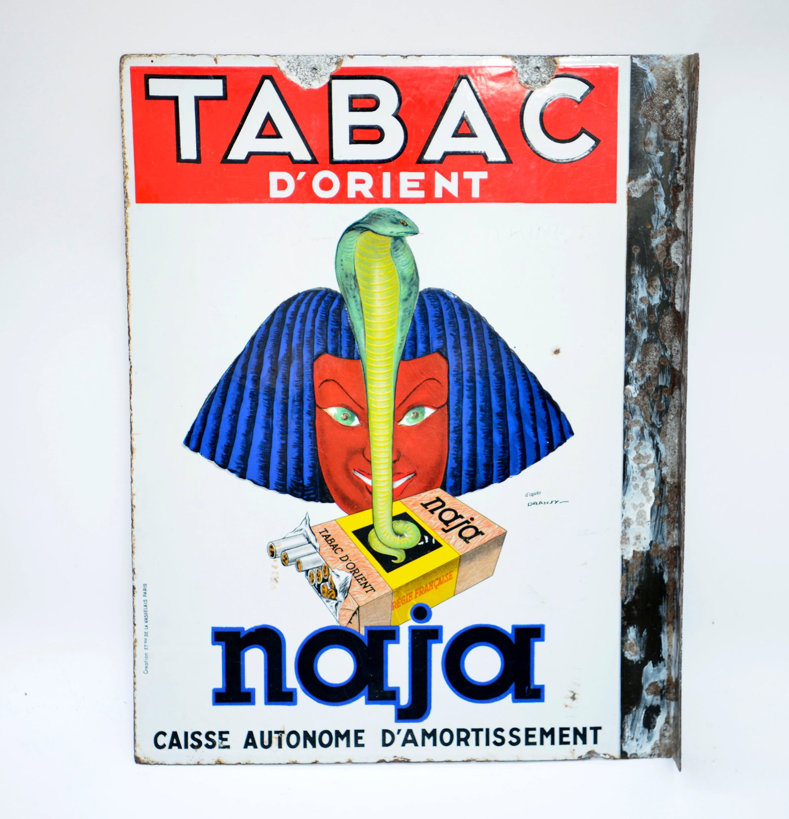 Tabac D'Orient Naja, Emailschild: Tabac D'Orient Naja, Emailschild, Ausleger, beidseitig emailliert, France, 65x50 cm, Z 2-3