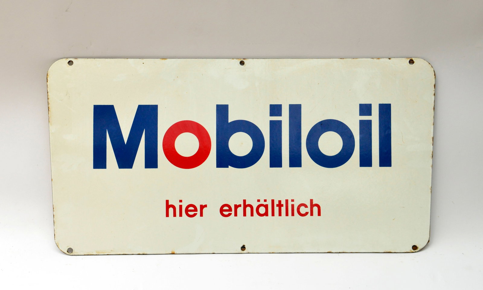 Mobiloil hier erhaltlich, Emailschild: Mobiloil hier erhaltlich, Emailschild, doppelseitig, 78x40 cm, Z 2